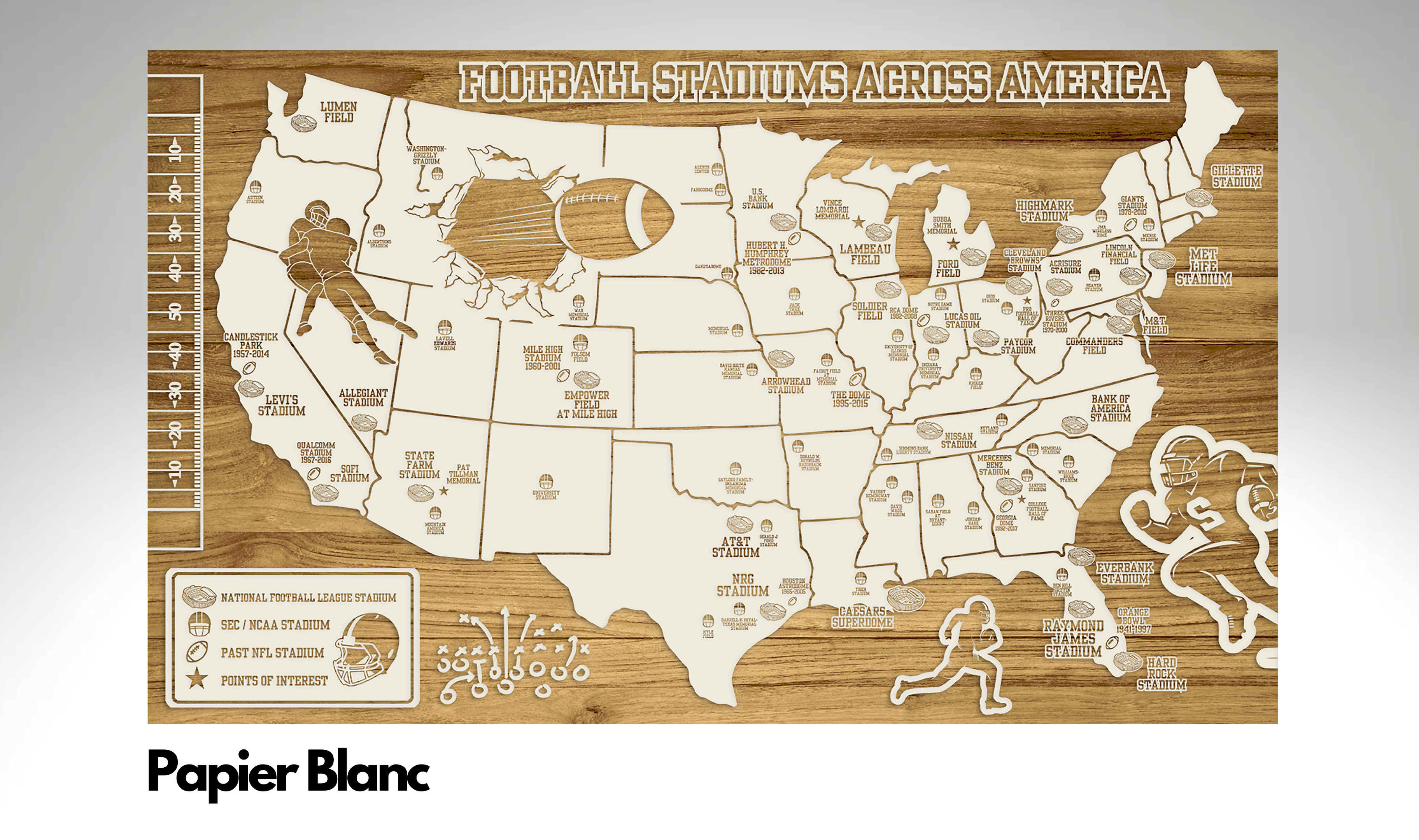 Football Stadiums Across America  | Pushpin Map on Wood