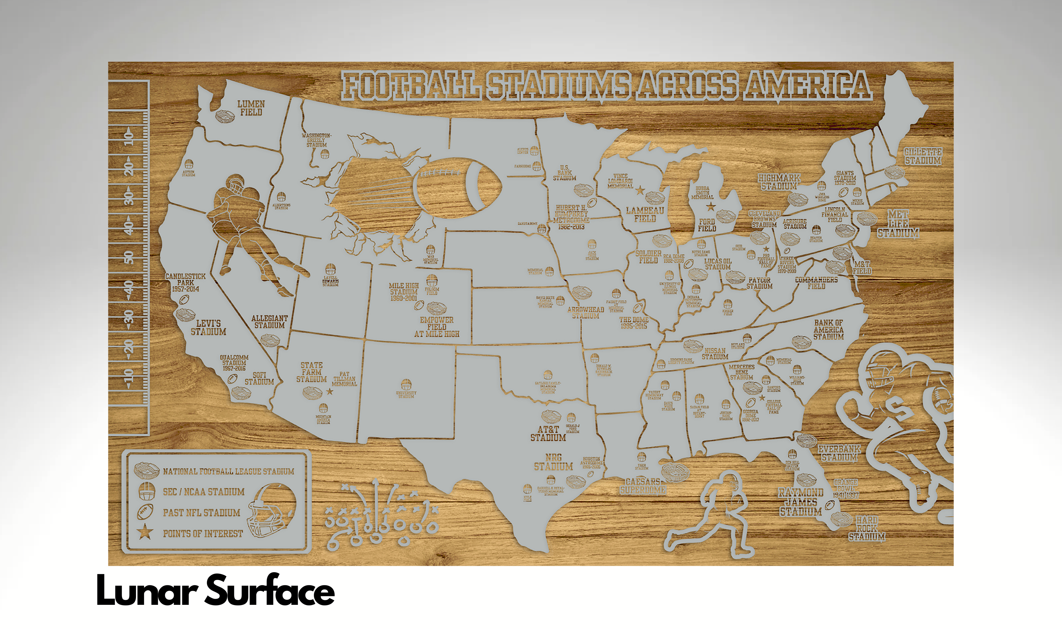 Football Stadiums Across America  | Pushpin Map on Wood