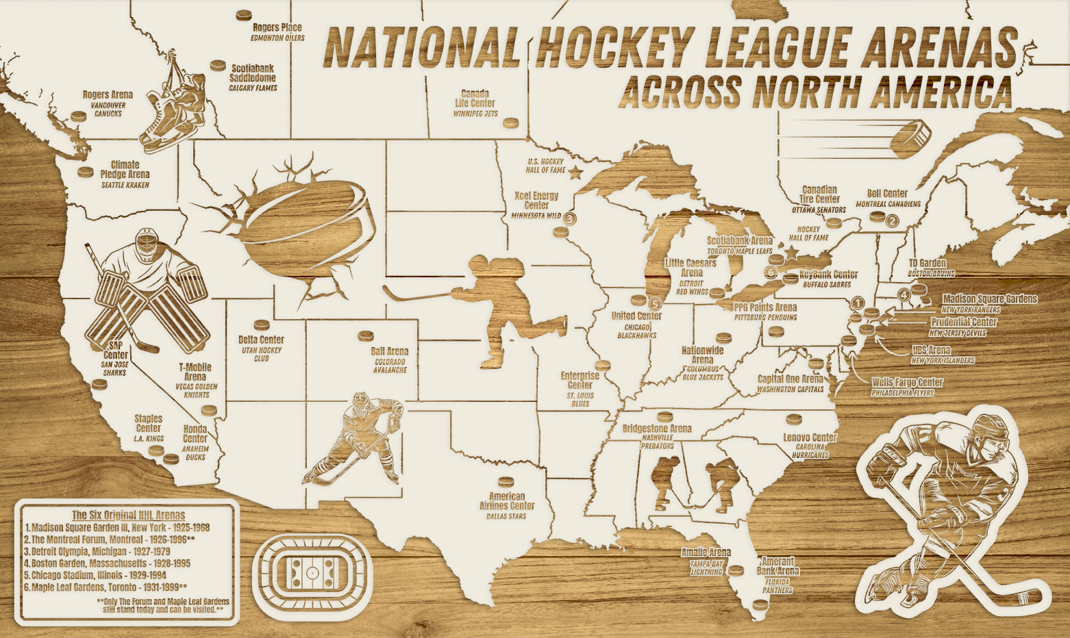 National Hockey Arenas Across North America | Pushpin Map on Wood