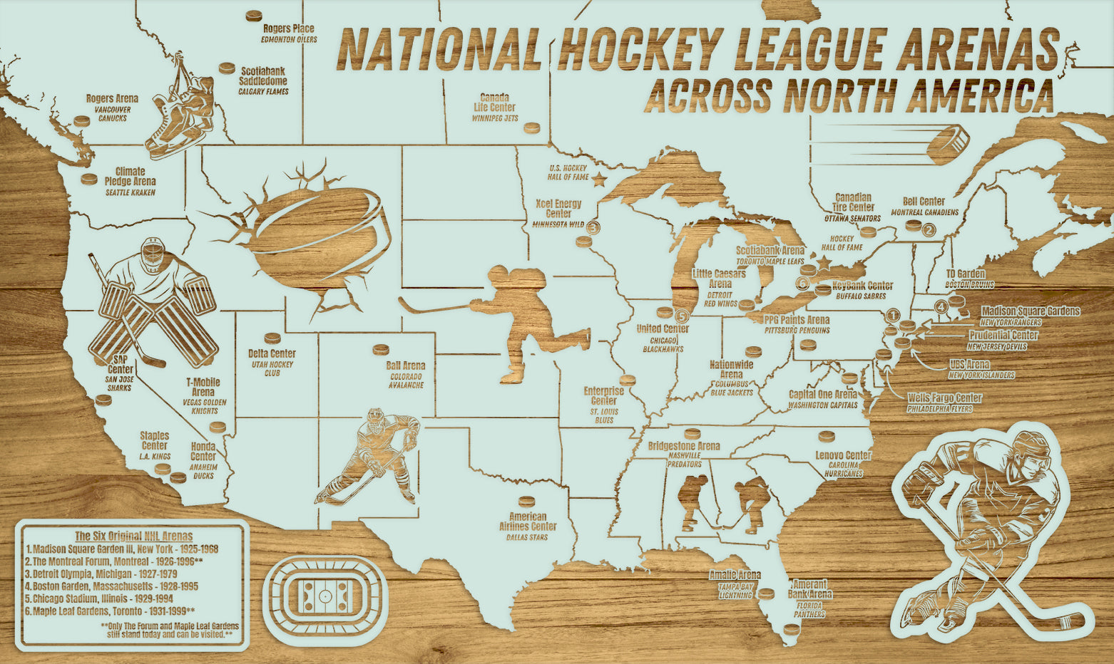 National Hockey Arenas Across North America | Pushpin Map on Wood