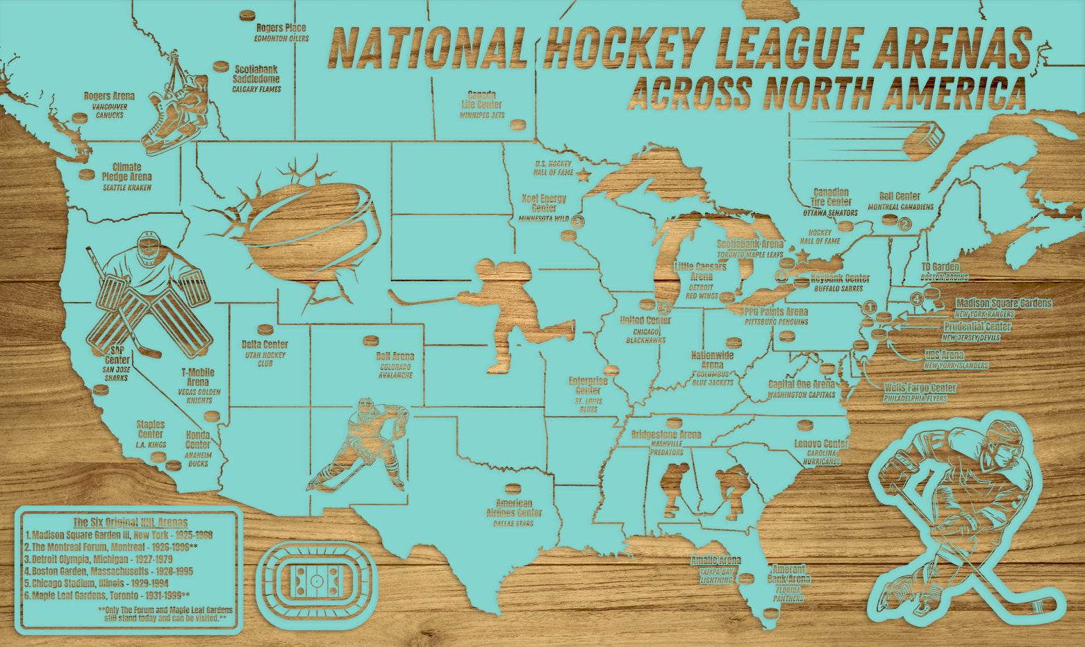 National Hockey Arenas Across North America | Pushpin Map on Wood