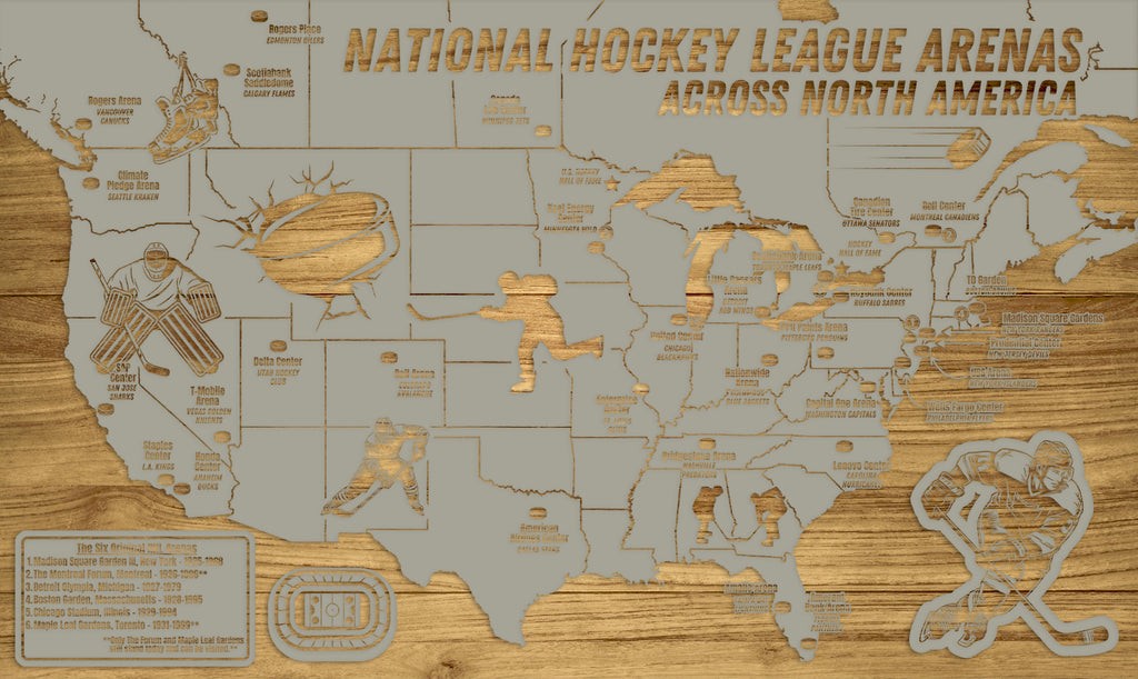 National Hockey Arenas Across North America | Pushpin Map on Wood