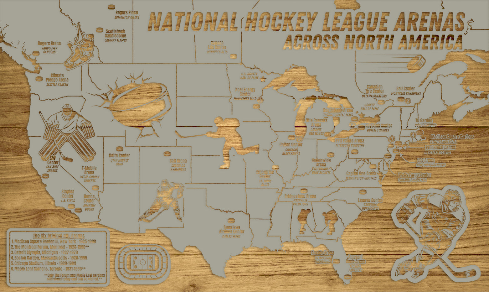 National Hockey Arenas Across North America | Pushpin Map on Wood