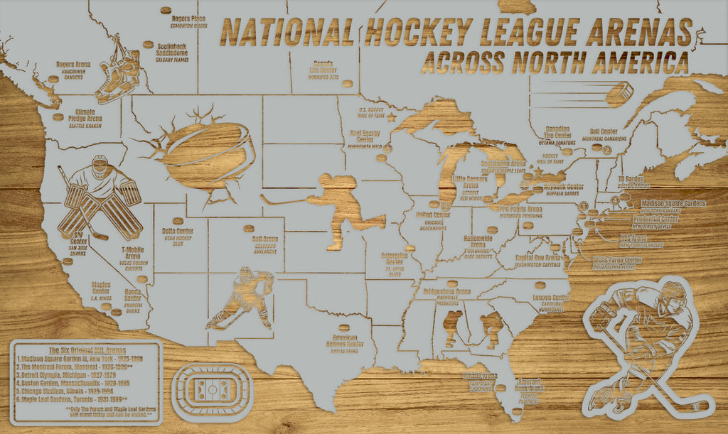 National Hockey Arenas Across North America | Pushpin Map on Wood