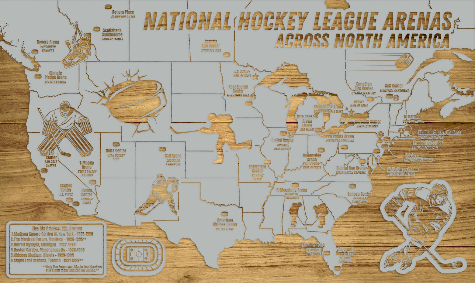 National Hockey Arenas Across North America | Pushpin Map on Wood