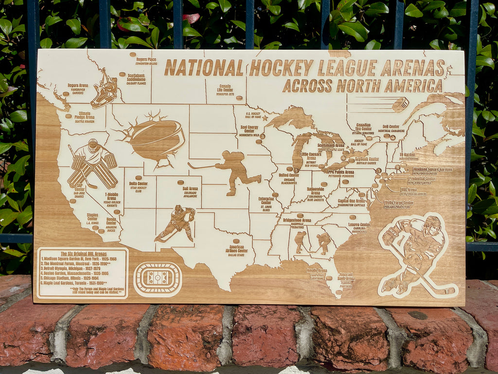 National Hockey Arenas Across North America | Pushpin Map on Wood