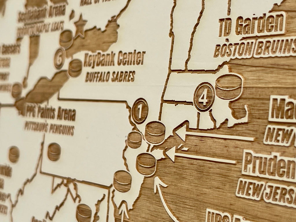 National Hockey Arenas Across North America | Pushpin Map on Wood