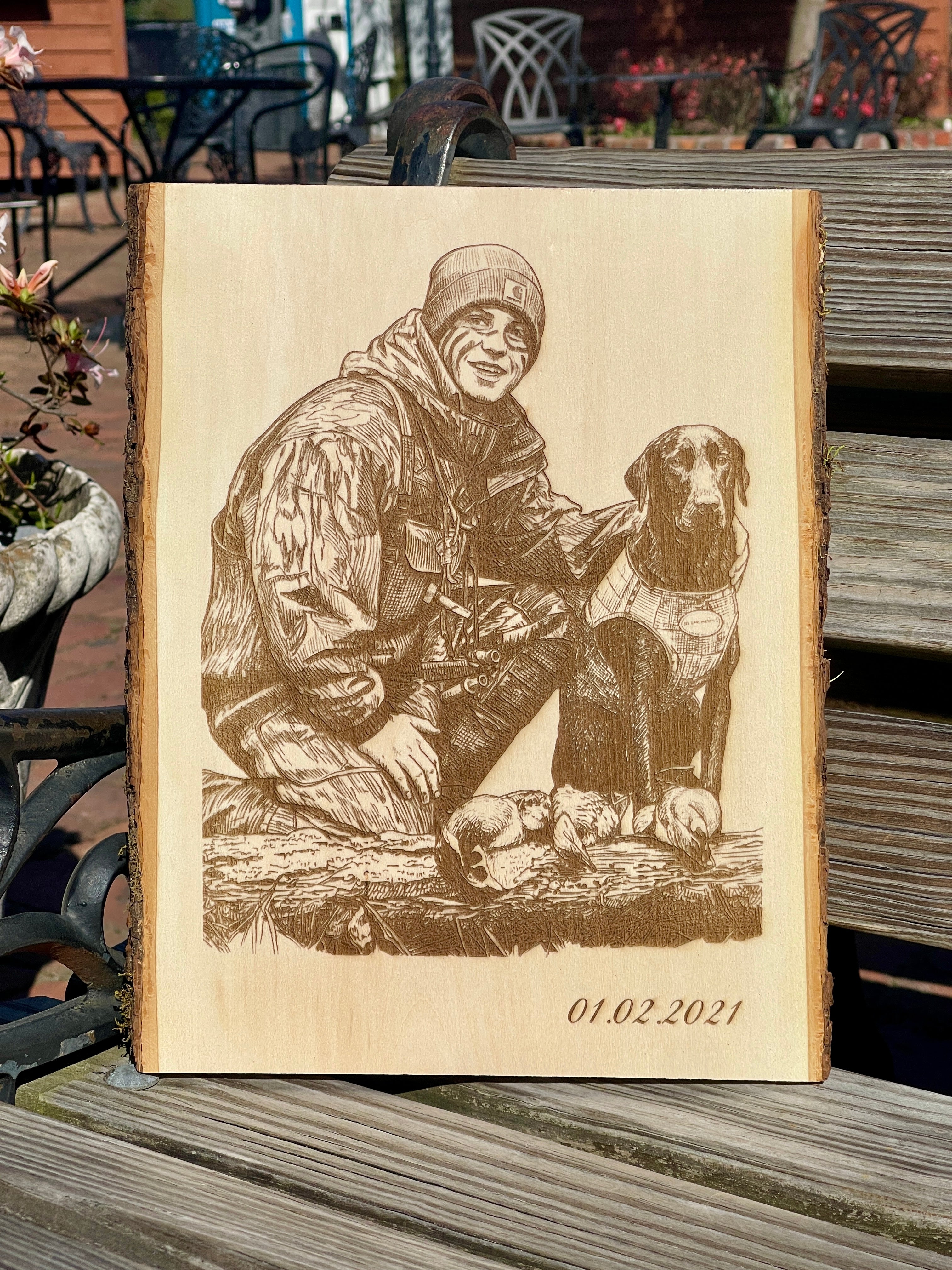 Live Edge Portrait | Engraved Photo on Wood w/ Hanger