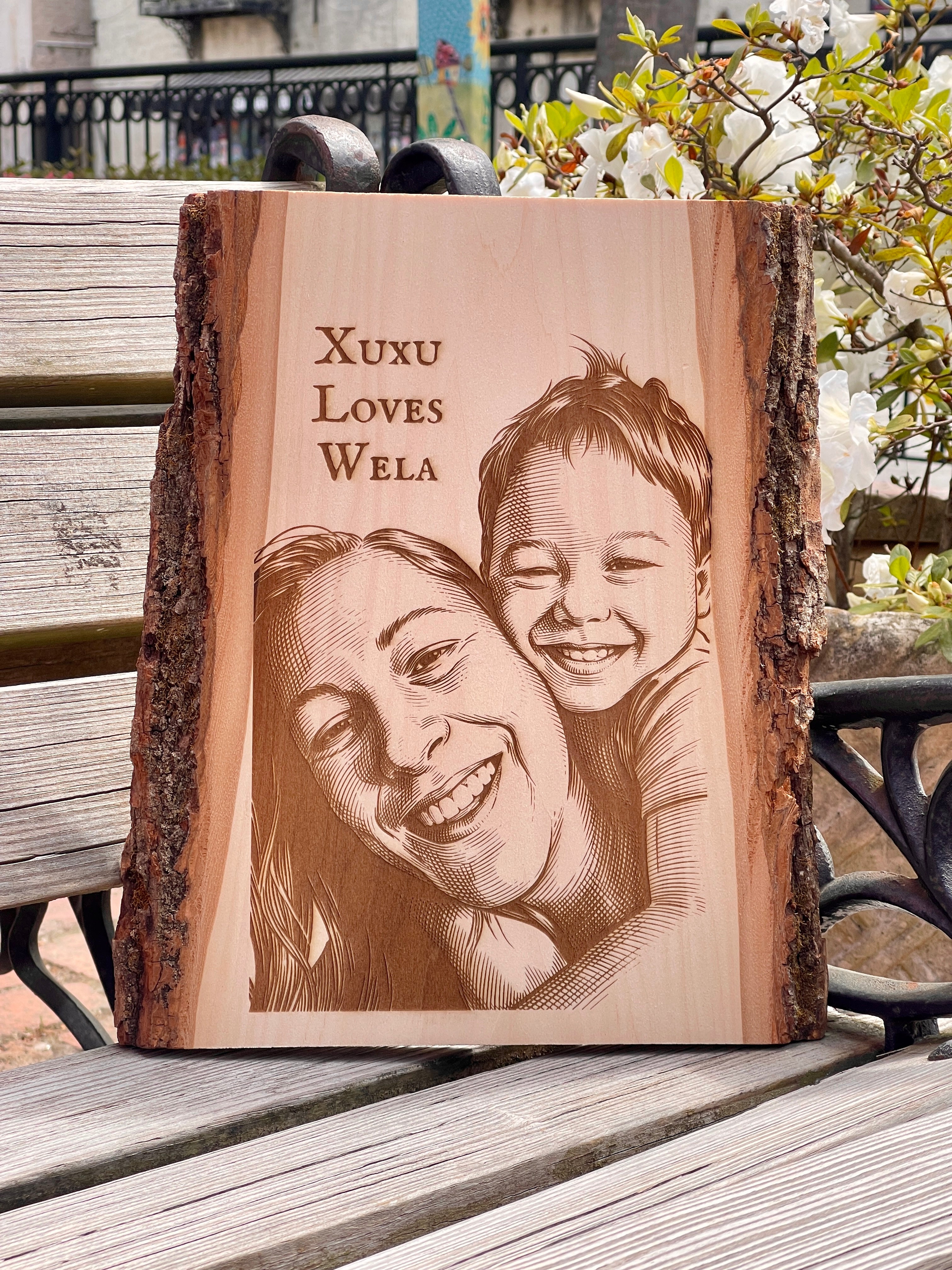Live Edge Portrait | Engraved Photo on Wood w/ Hanger