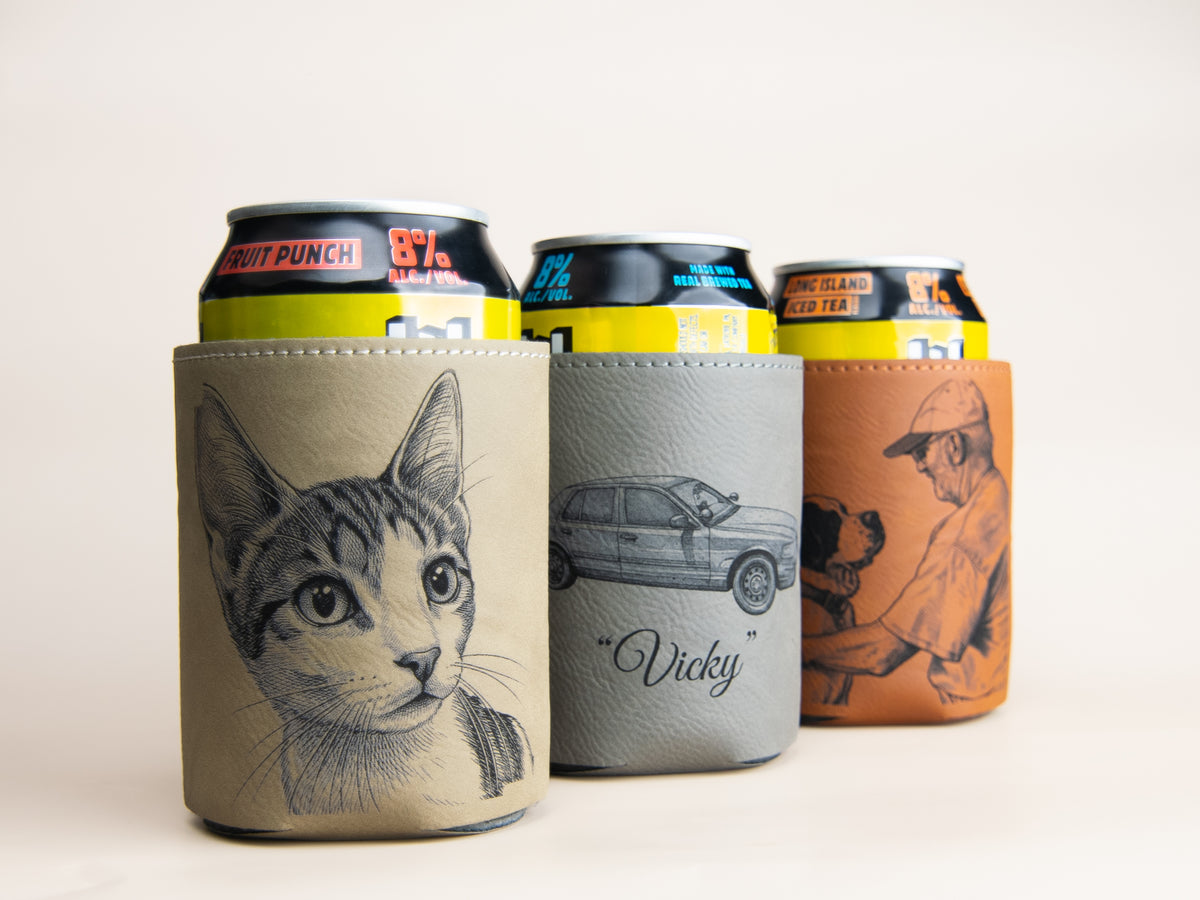 Custom | Laser Cut Leather Photo Can Holder Koozie 12oz