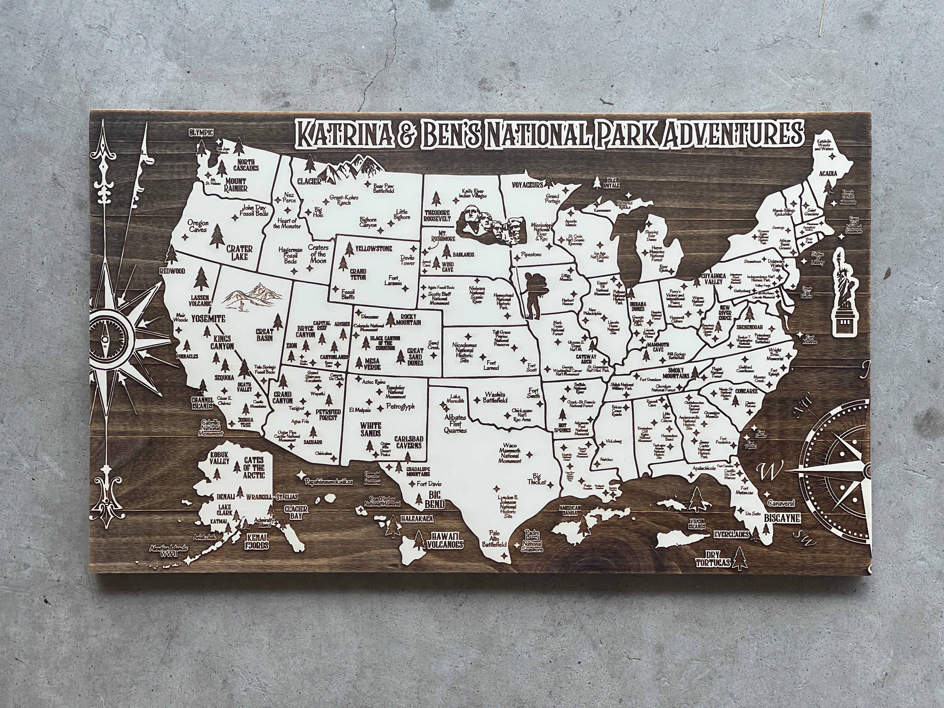 U.S. National Parks, Monuments & More | Pushpin Map on Wood