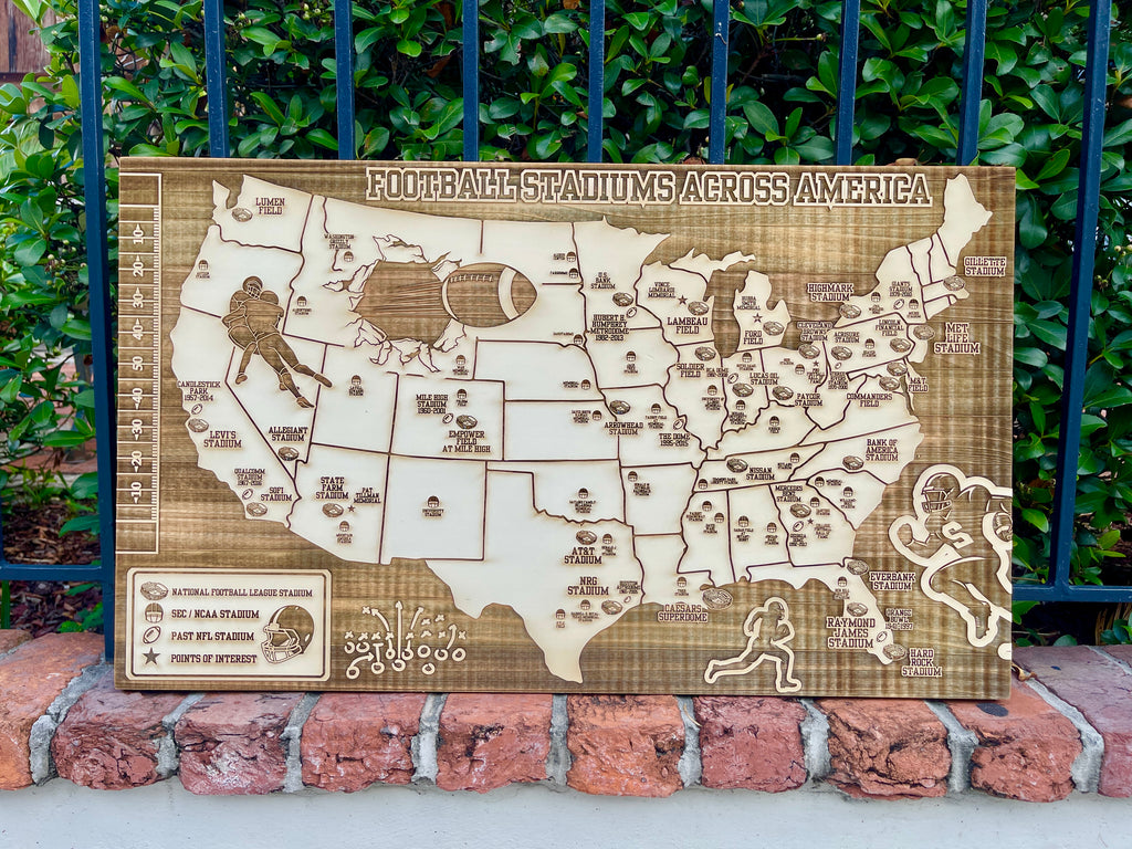 Football Stadiums Across America  | Pushpin Map on Wood