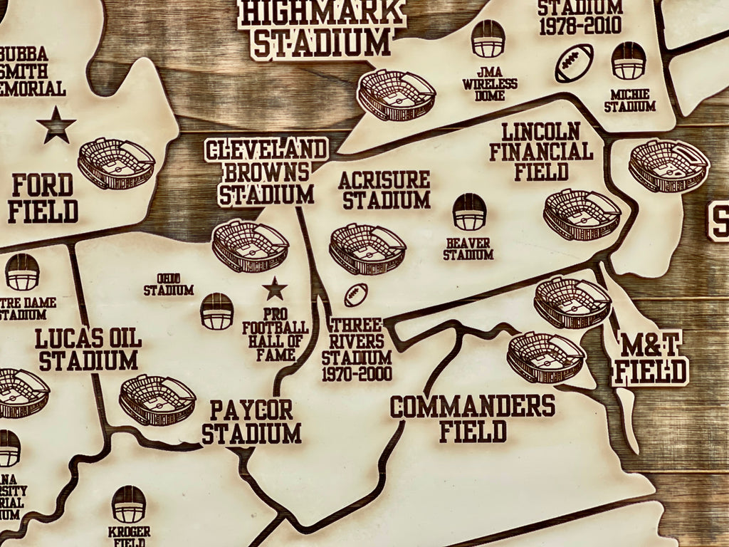 Football Stadiums Across America  | Pushpin Map on Wood