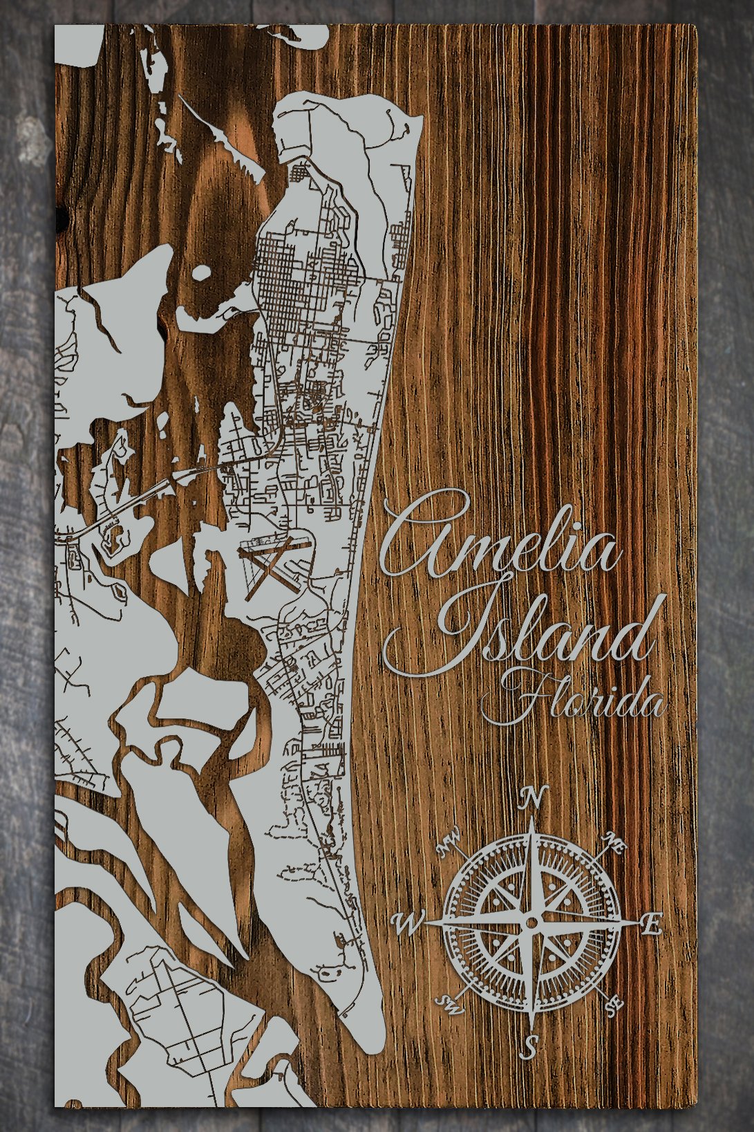 Amelia Island, FL - Street Map on Wood
