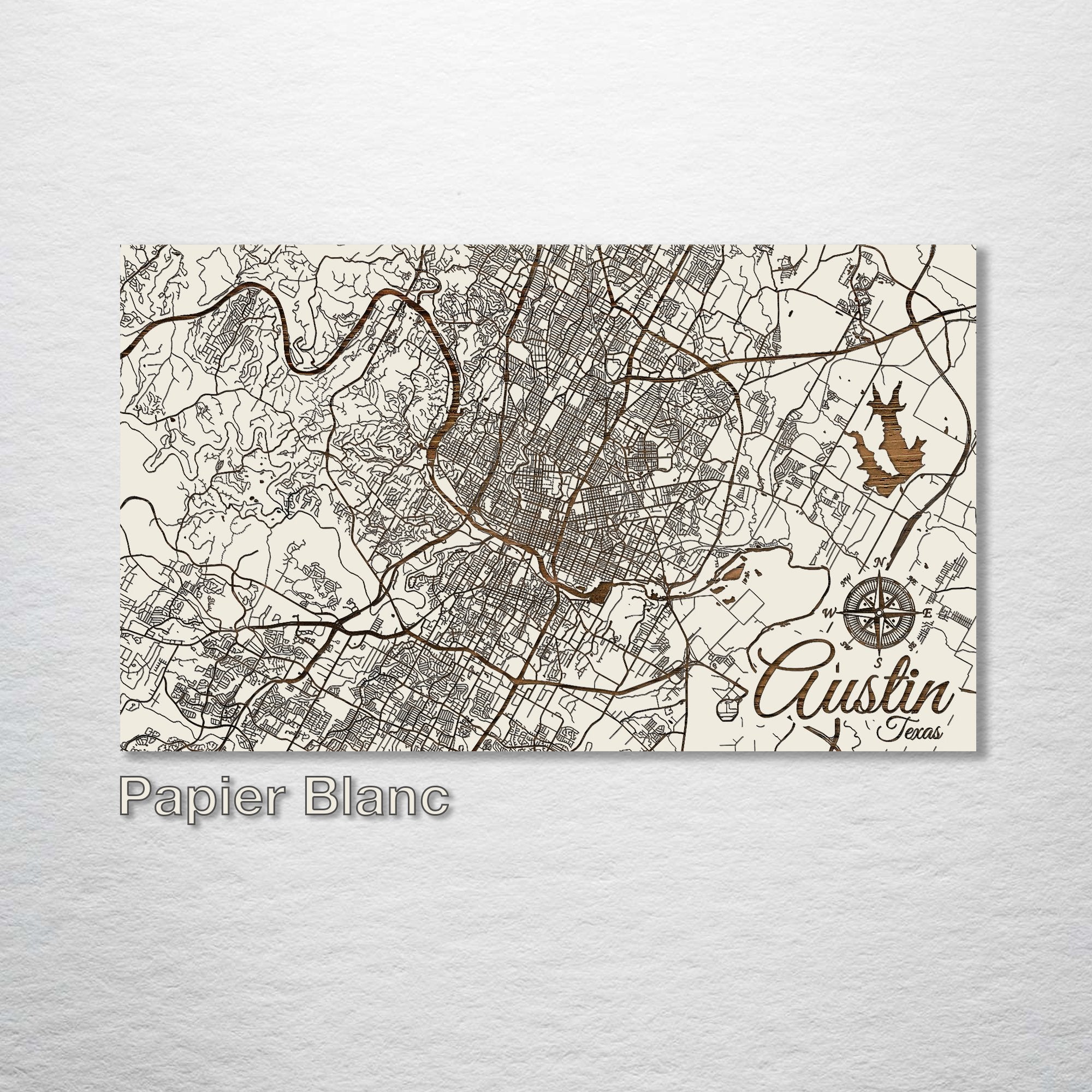 Austin, TX - Street Map on Wood