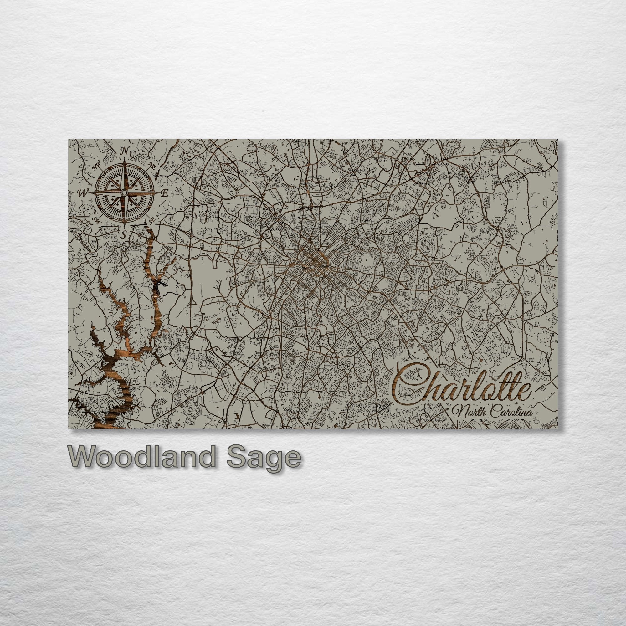 Charlotte, NC - Street Map on Wood