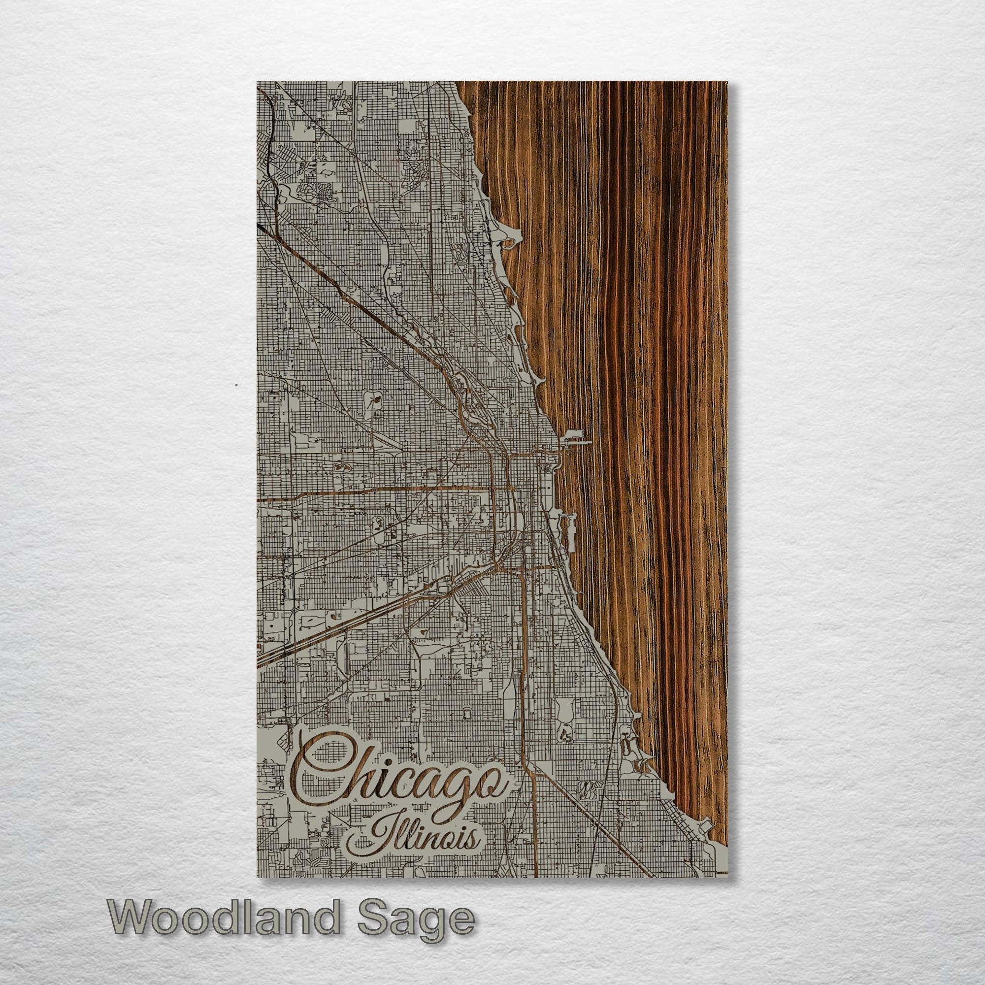 Chicago, IL - Street Map on Wood