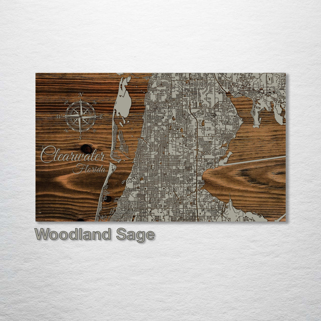 Clearwater, FL - Street Map on Wood