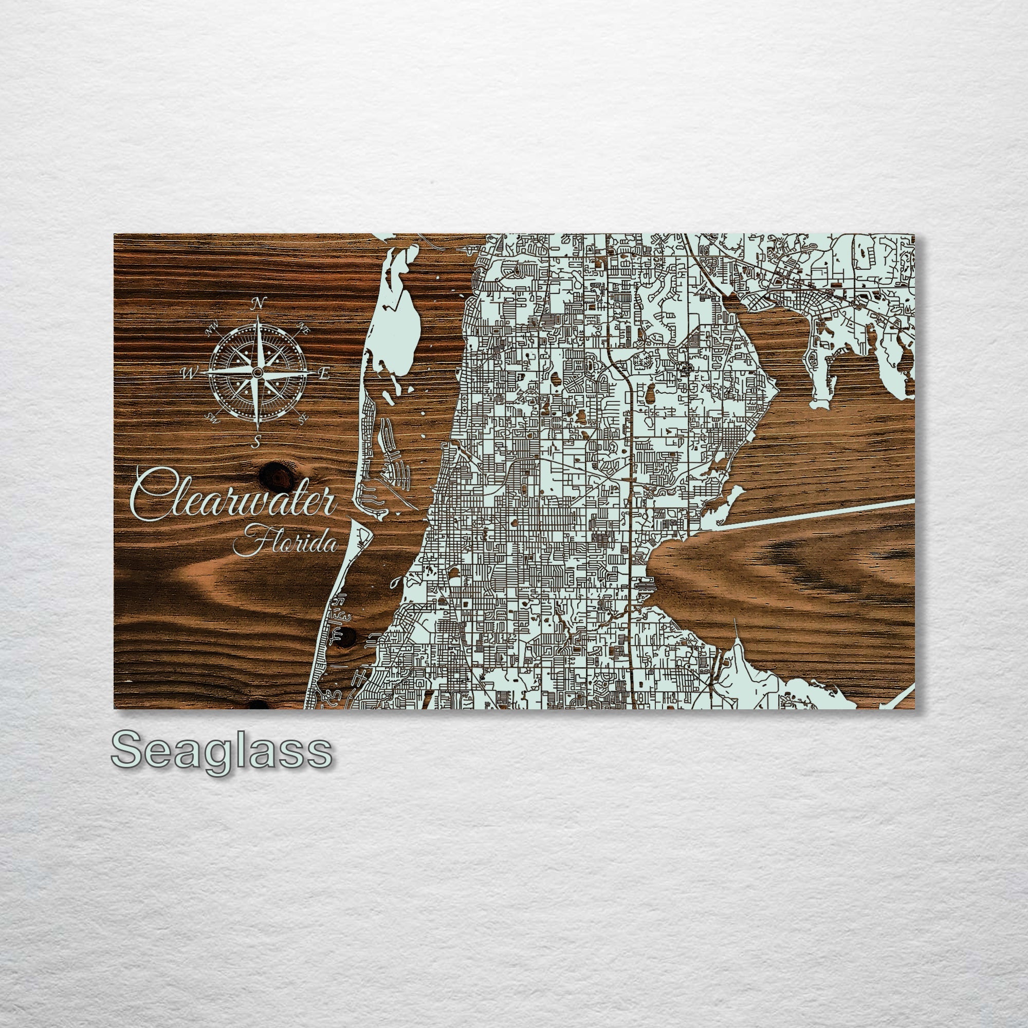 Clearwater, FL - Street Map on Wood