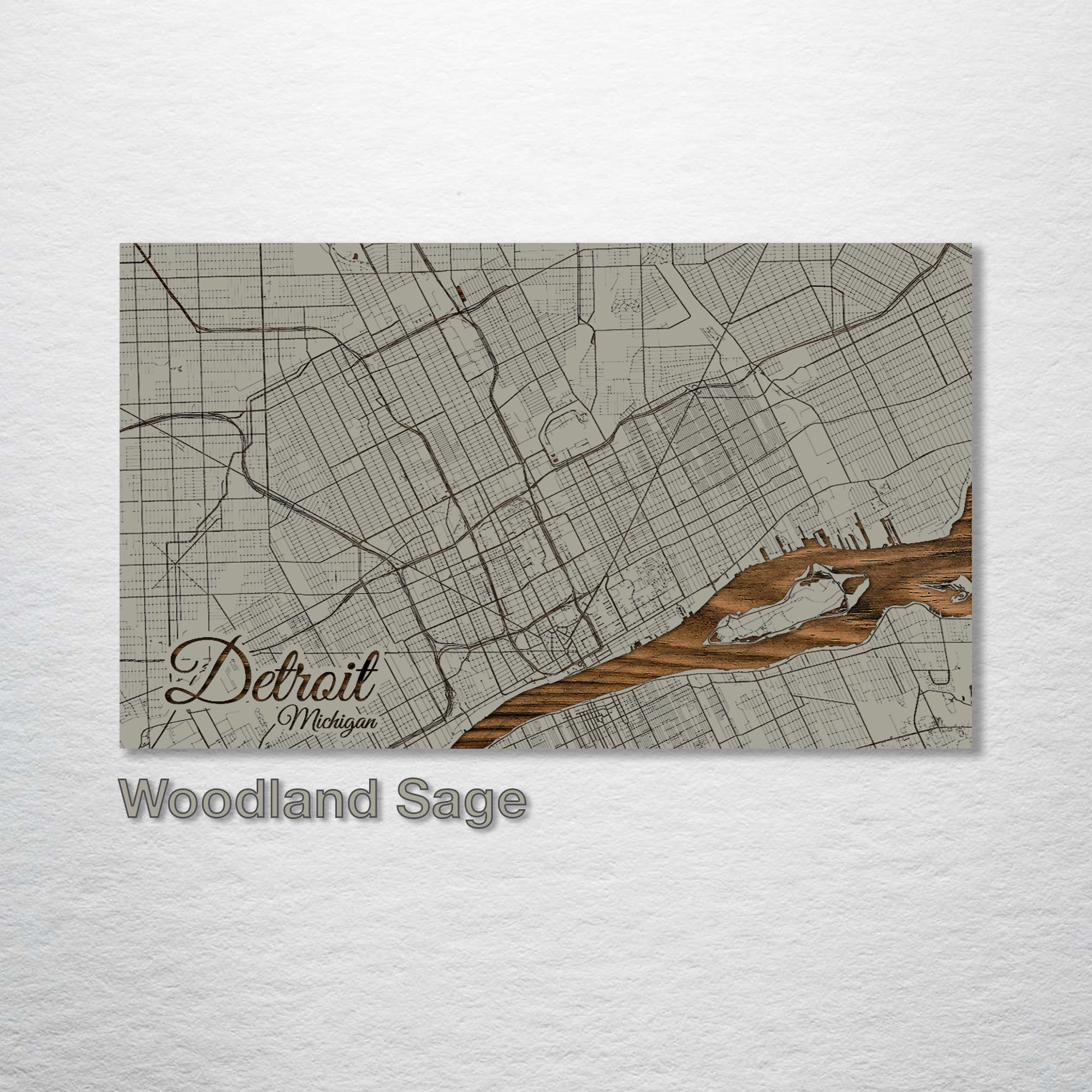 Detroit, MI - Street Map on Wood