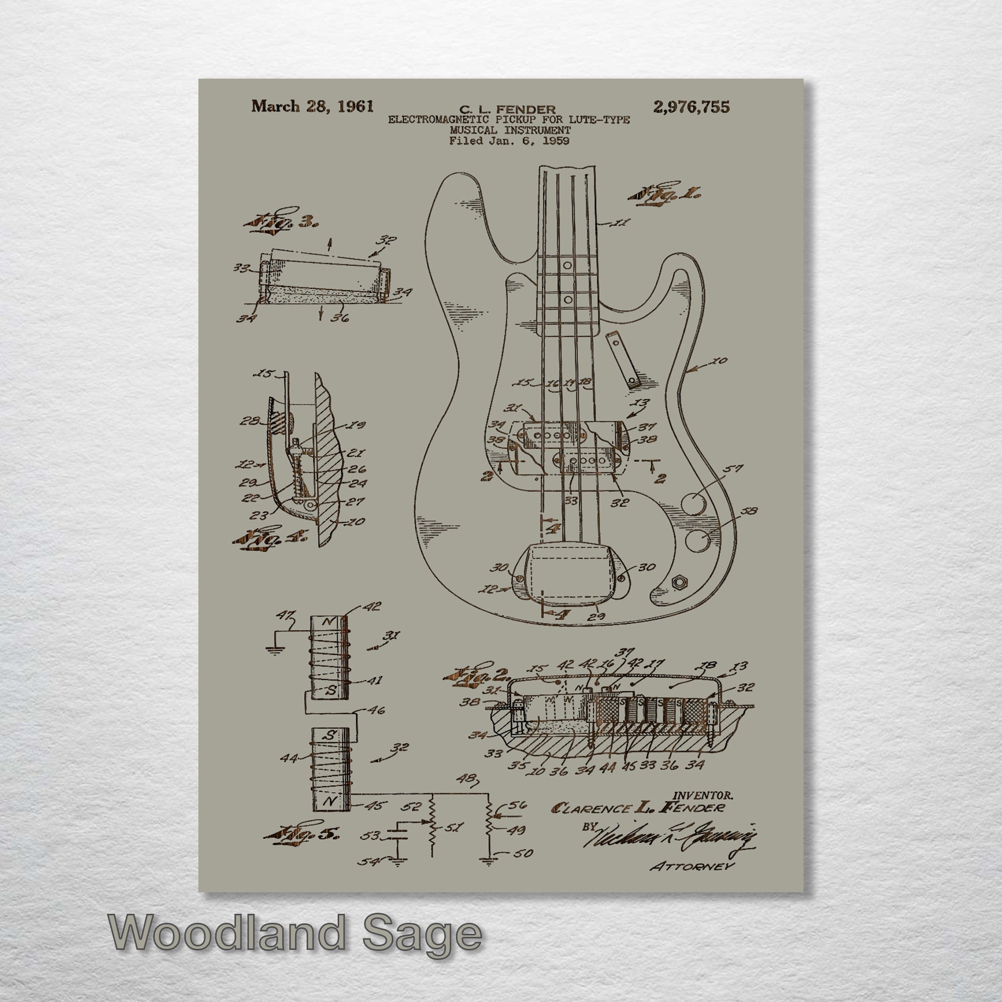 Fender Bass Guitar - Patent on Wood