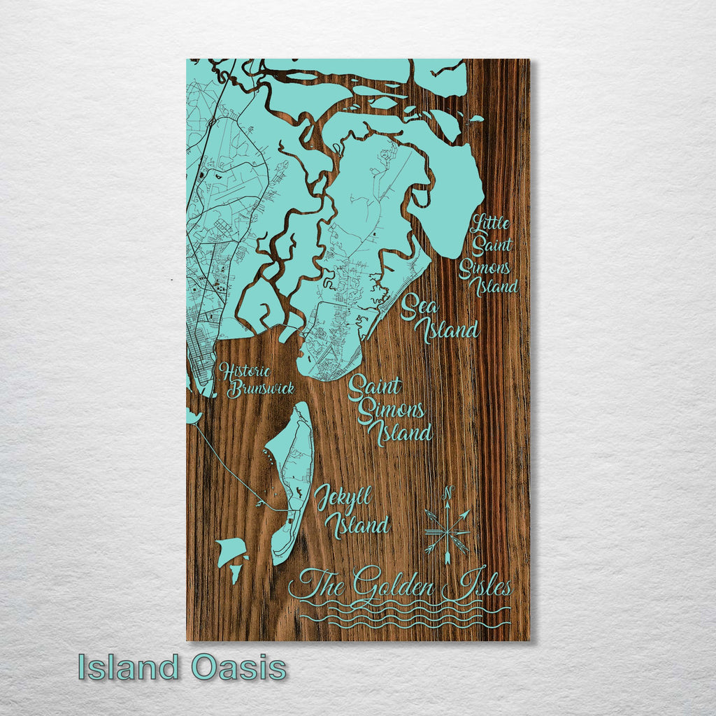 The Golden Isles, GA - St. Simons, Brunswick, Jekyll, Sea Island - Street Map on Wood