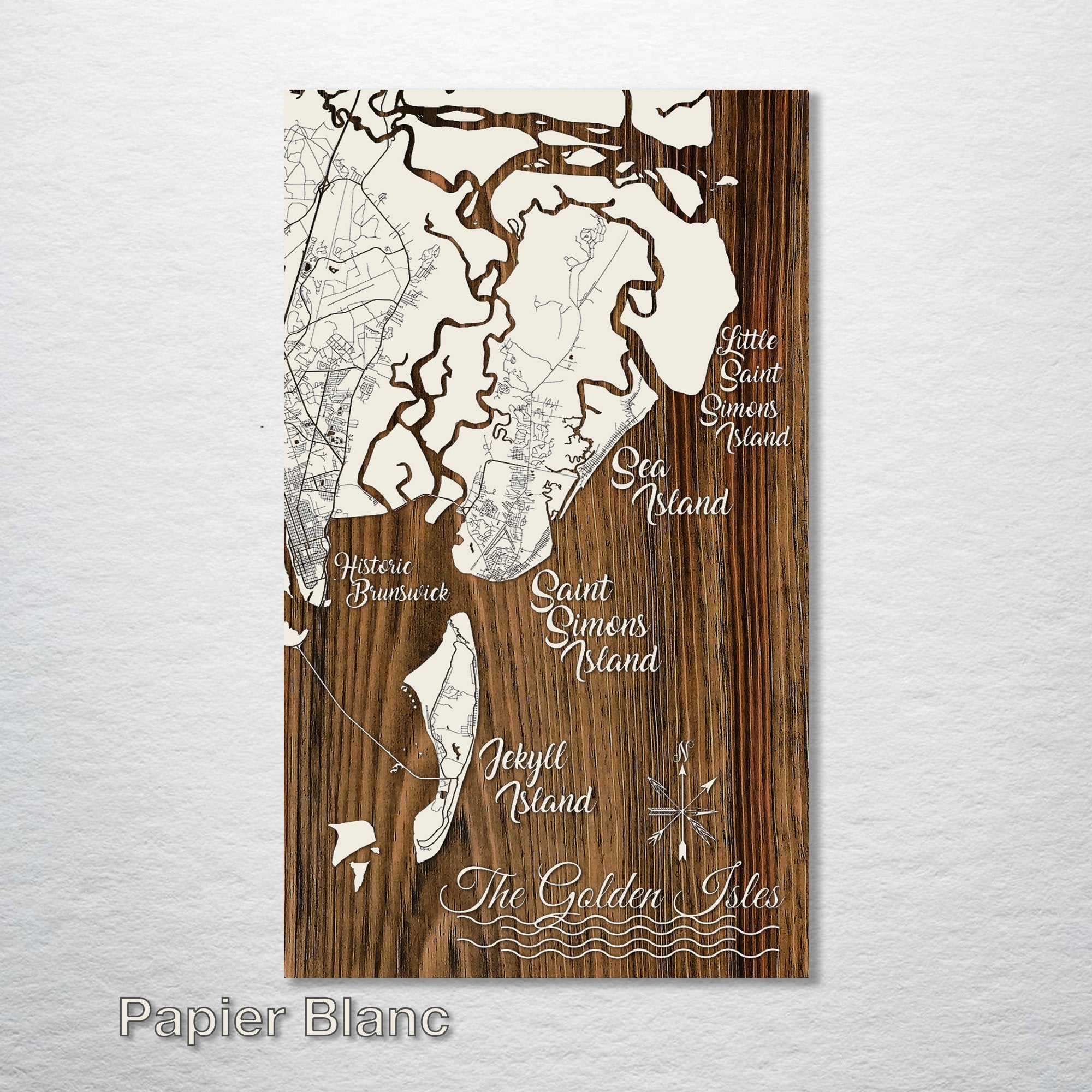 The Golden Isles, GA - St. Simons, Brunswick, Jekyll, Sea Island - Street Map on Wood