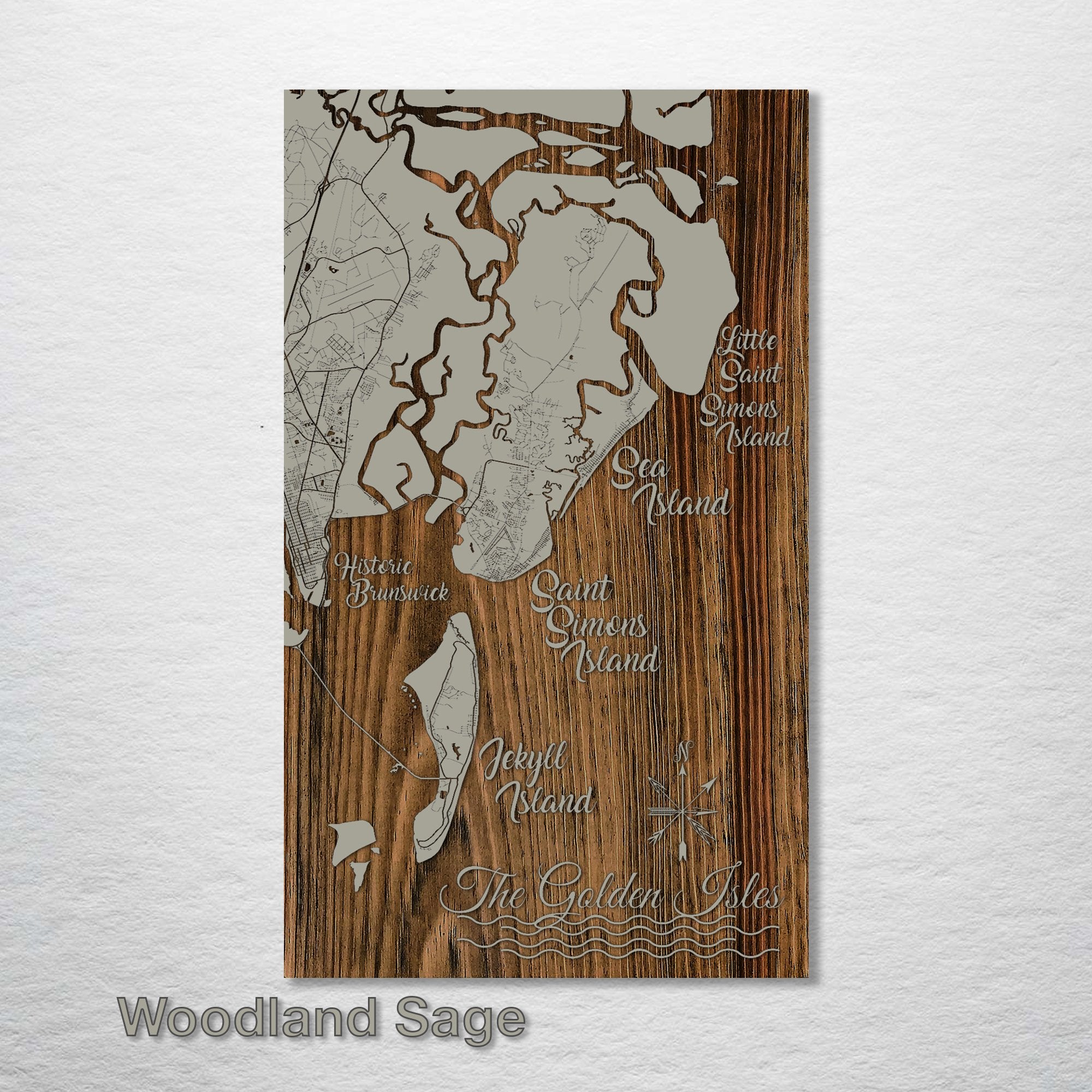 The Golden Isles, GA - St. Simons, Brunswick, Jekyll, Sea Island - Street Map on Wood