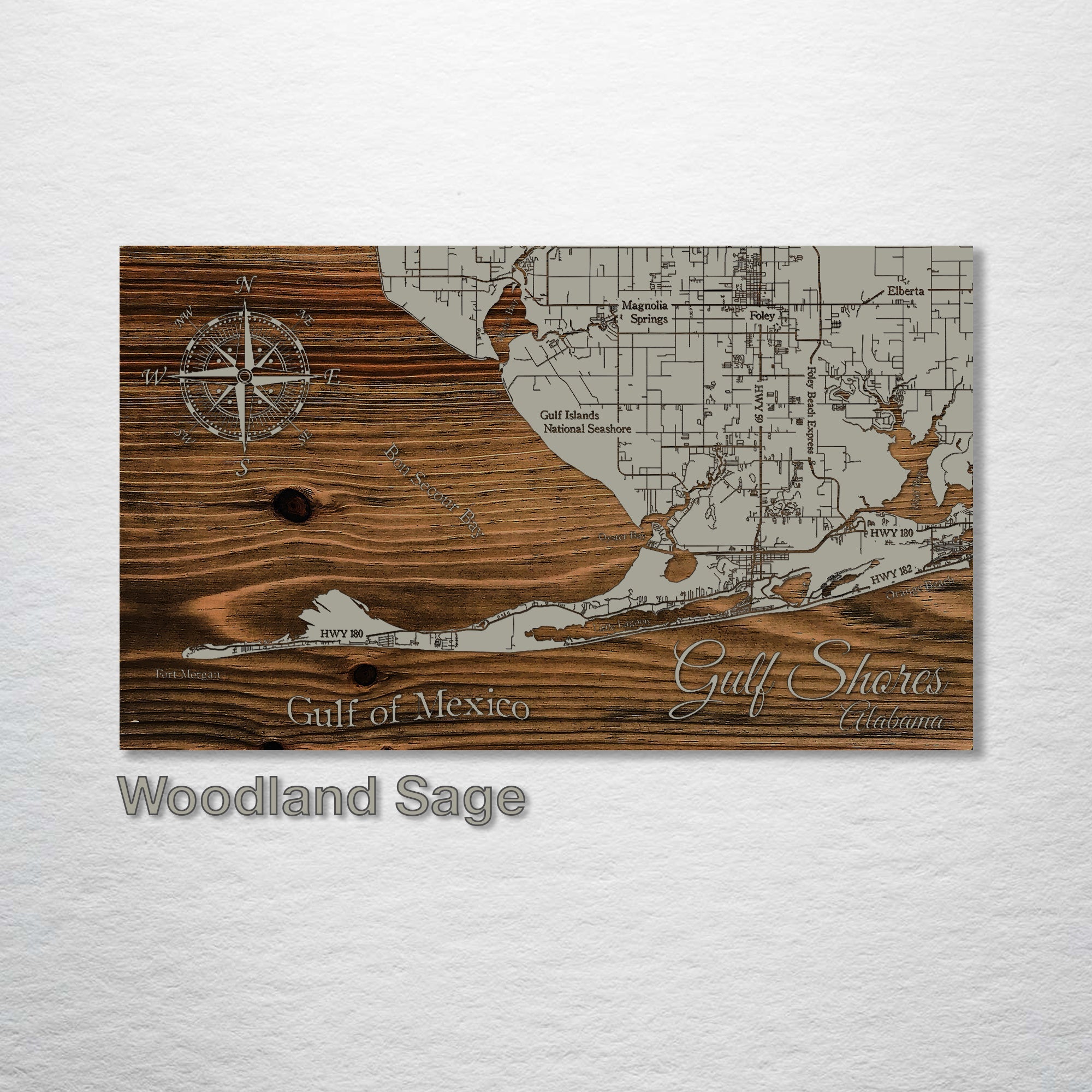 Gulf Shores of Alabama - Street Map on Wood