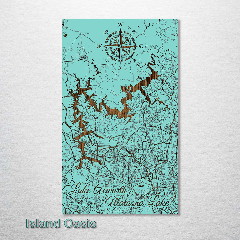 Lake Acworth & Lake Altoona, GA - Street Map on Wood