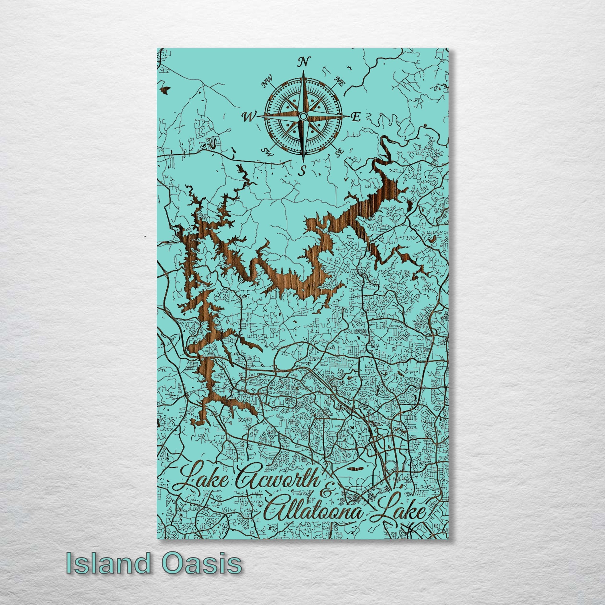 Lake Acworth & Lake Altoona, GA - Street Map on Wood