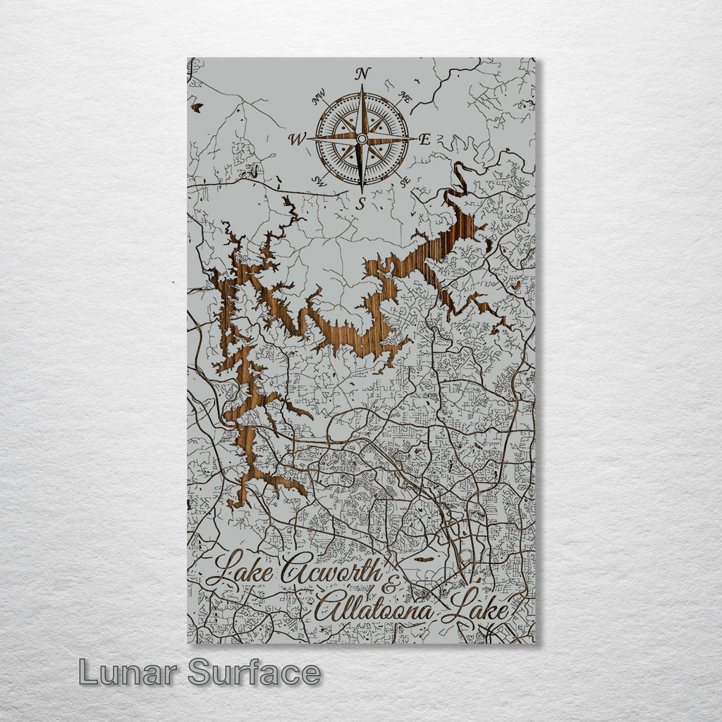 Lake Acworth & Lake Altoona, GA - Street Map on Wood