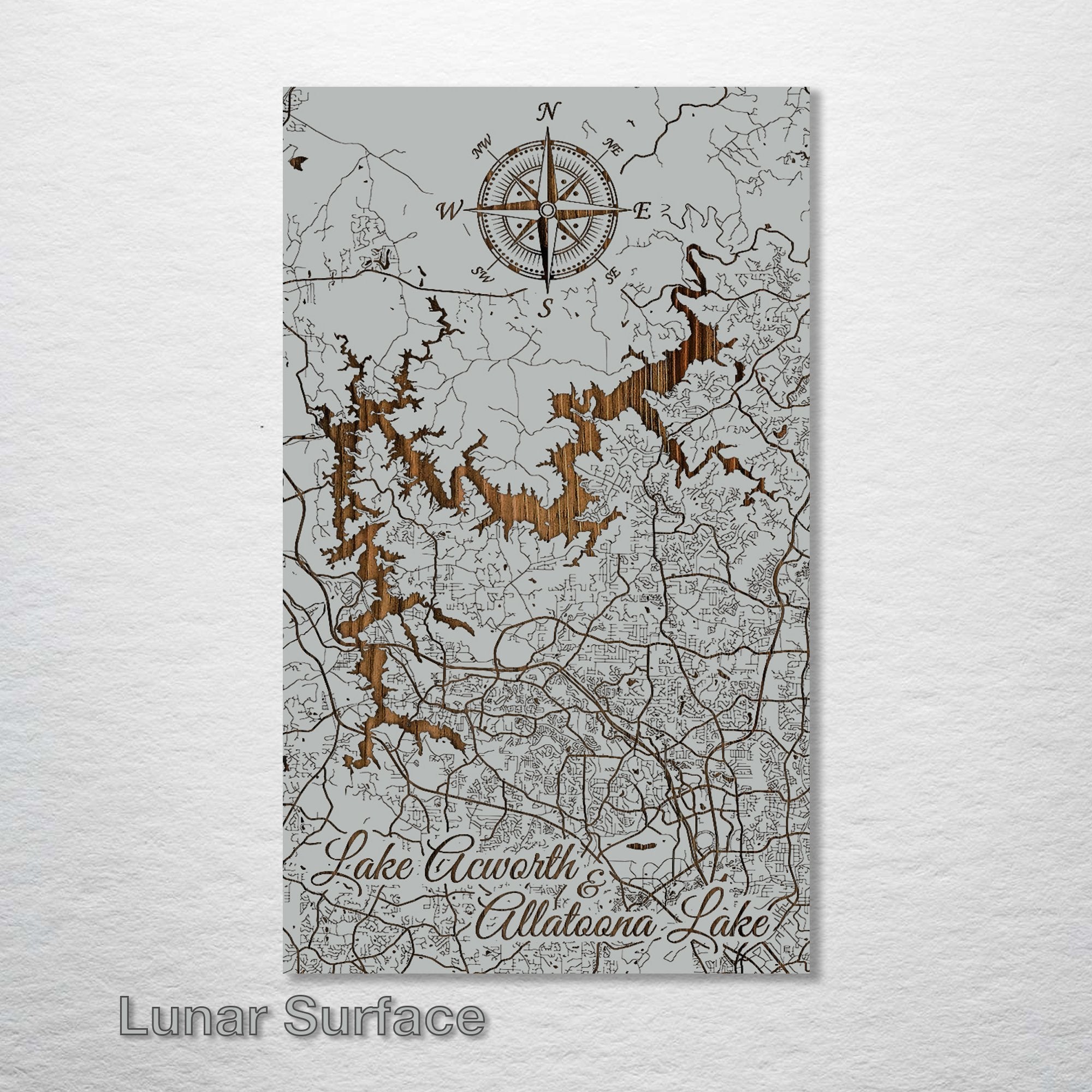 Lake Acworth & Lake Altoona, GA - Street Map on Wood
