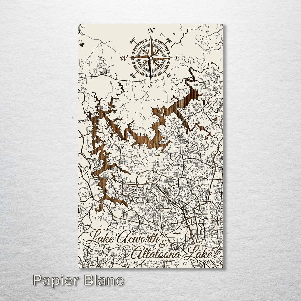 Lake Acworth & Lake Altoona, GA - Street Map on Wood