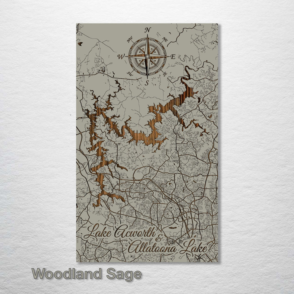 Lake Acworth & Lake Altoona, GA - Street Map on Wood