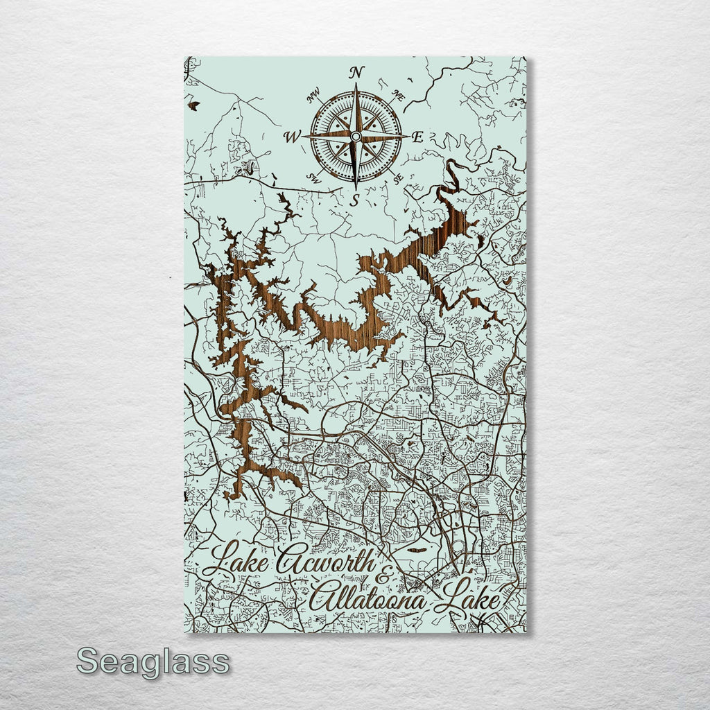 Lake Acworth & Lake Altoona, GA - Street Map on Wood