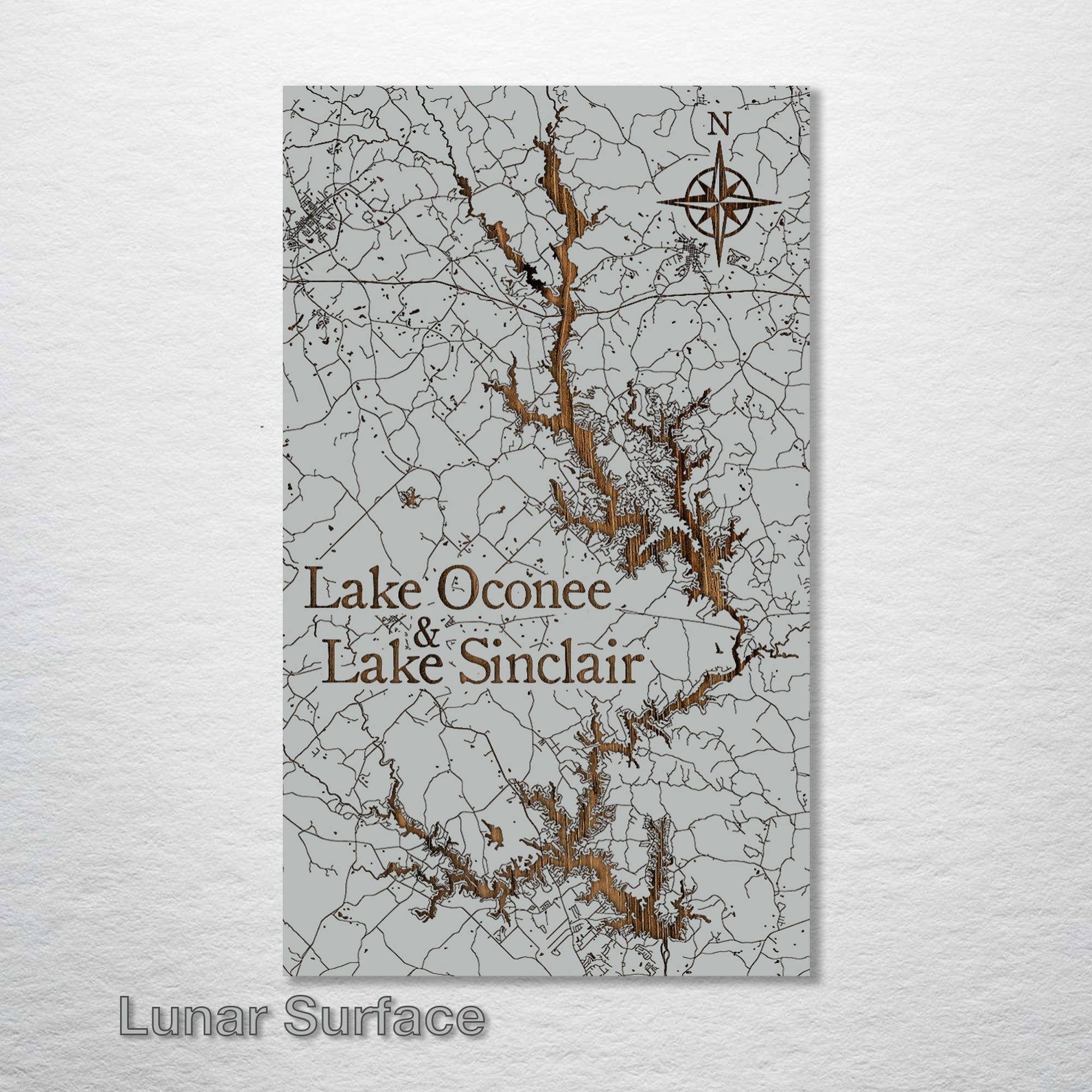 Lake Oconee & Lake Sinclair, GA - Street Map on Wood