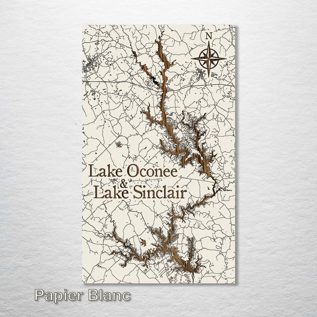 Lake Oconee & Lake Sinclair, GA - Street Map on Wood