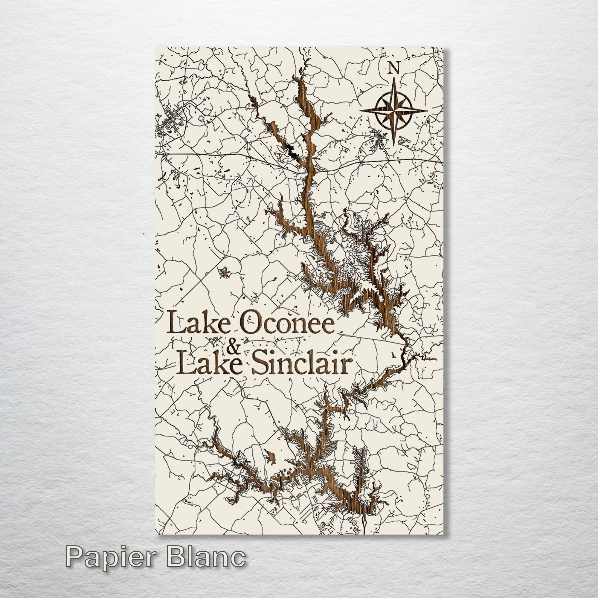 Lake Oconee & Lake Sinclair, GA - Street Map on Wood