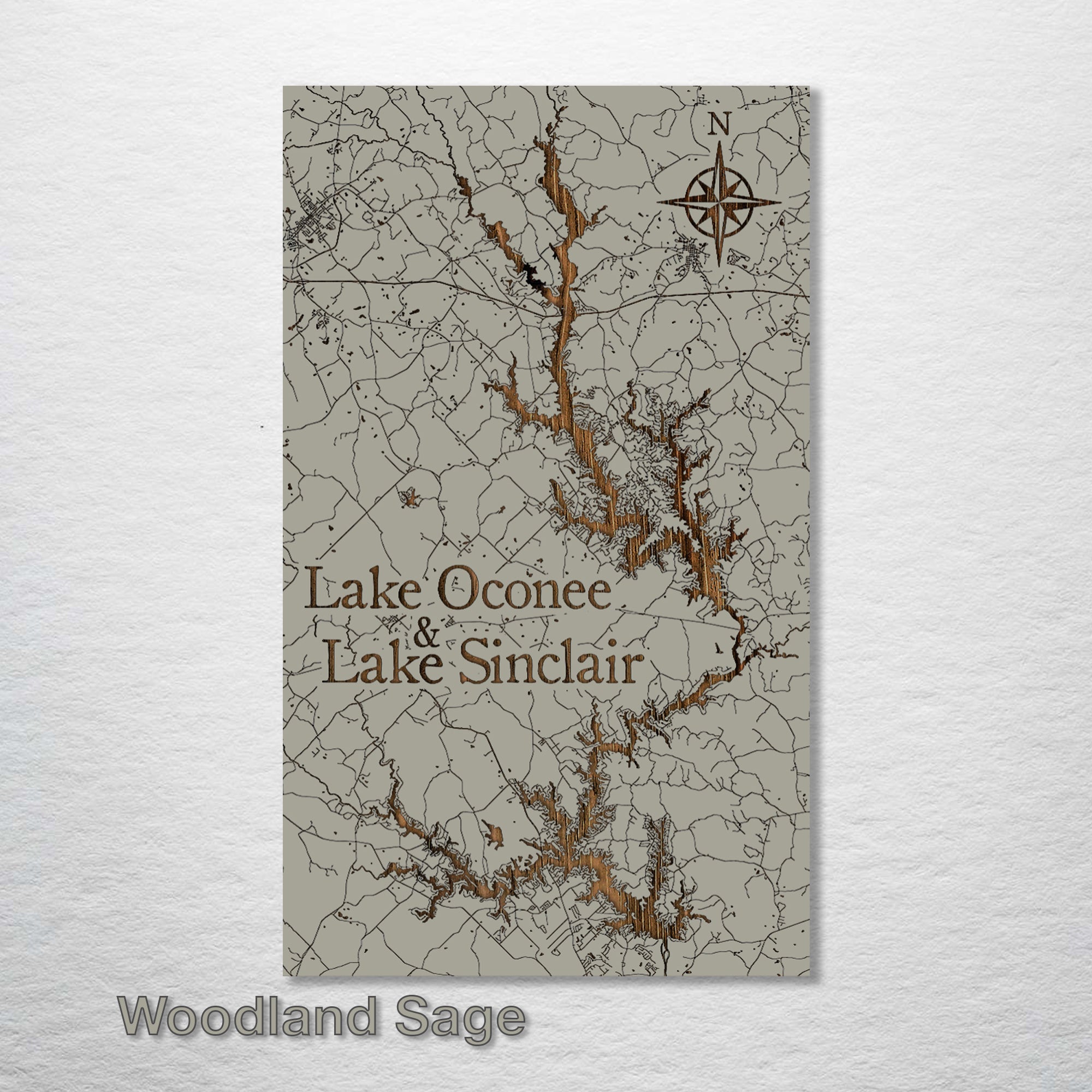 Lake Oconee & Lake Sinclair, GA - Street Map on Wood