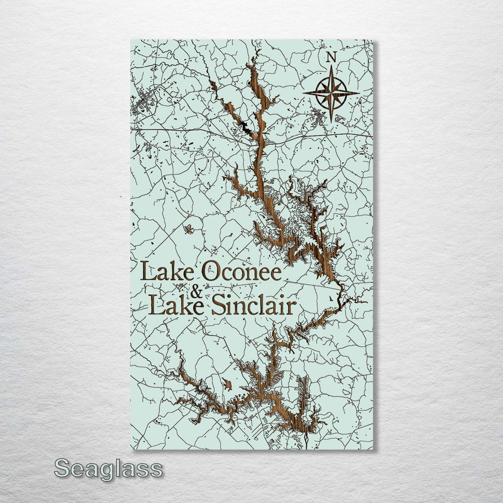 Lake Oconee & Lake Sinclair, GA - Street Map on Wood