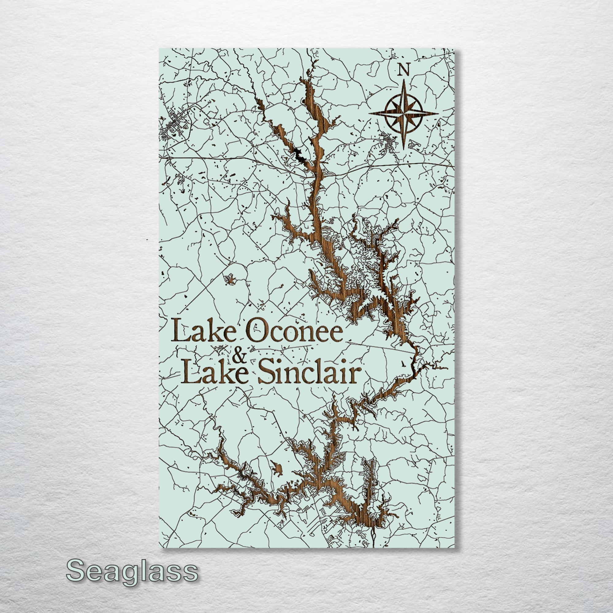 Lake Oconee & Lake Sinclair, GA - Street Map on Wood