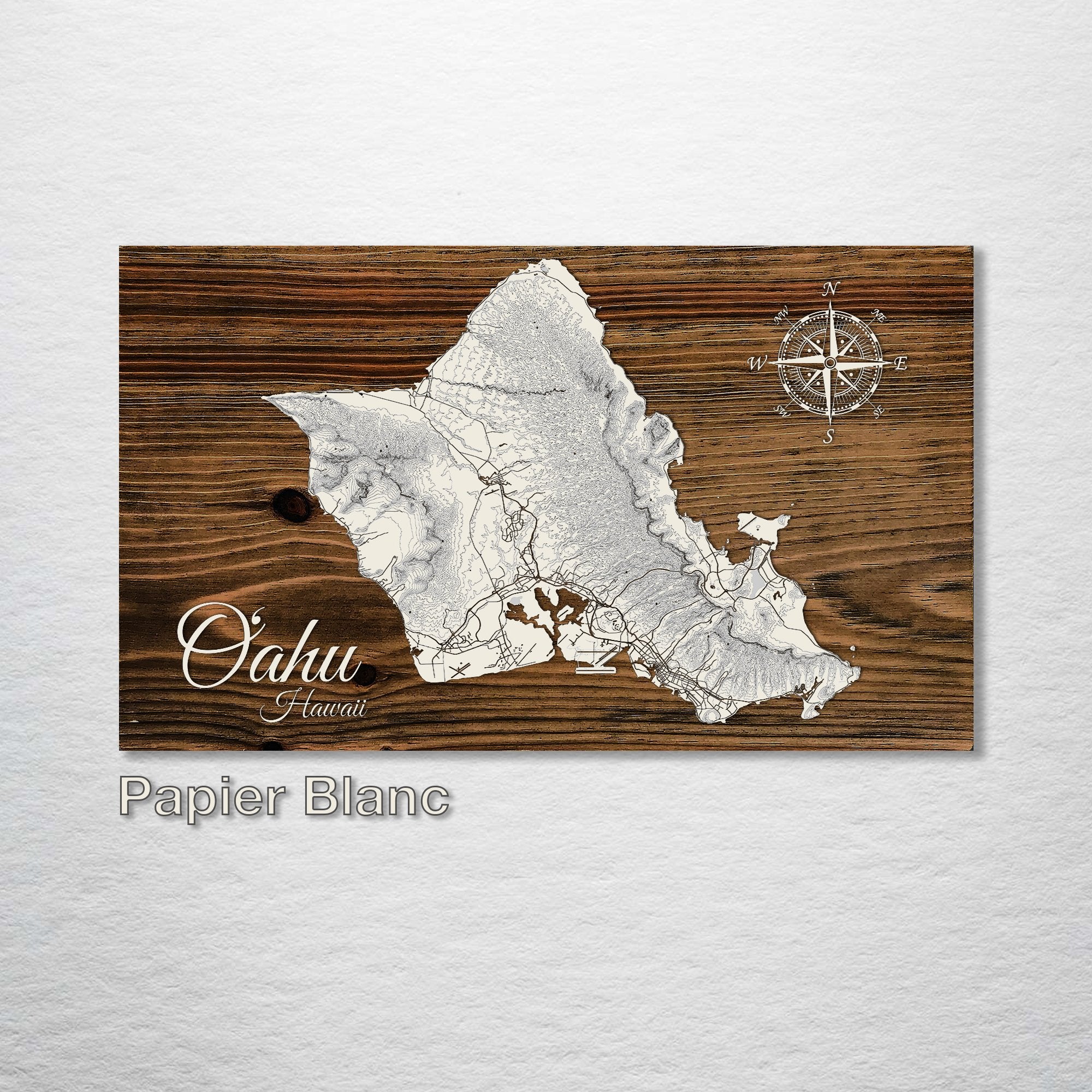 Oahu, Hawaii - Topographical Street Map on Wood
