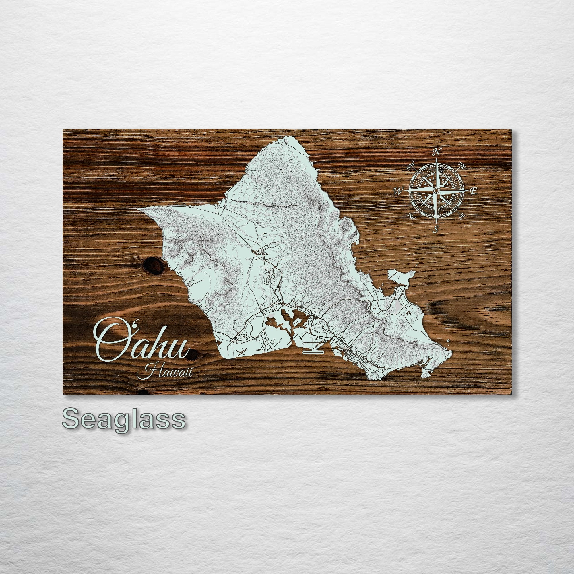 Oahu, Hawaii - Topographical Street Map on Wood
