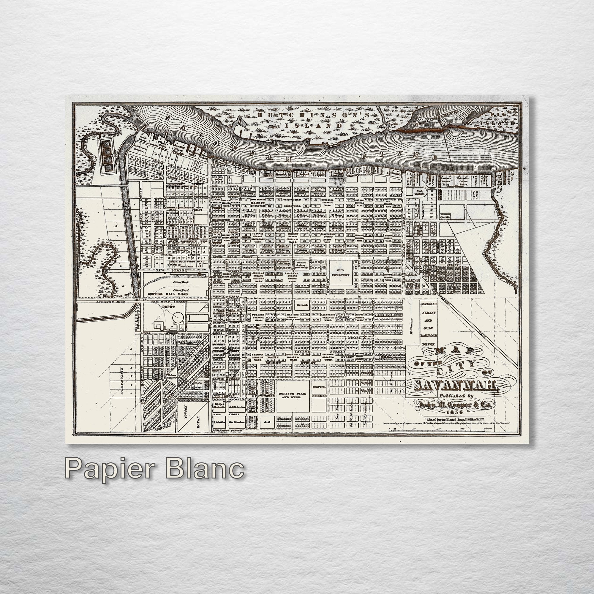 Savannah, GA - Historic Map on Wood 1856
