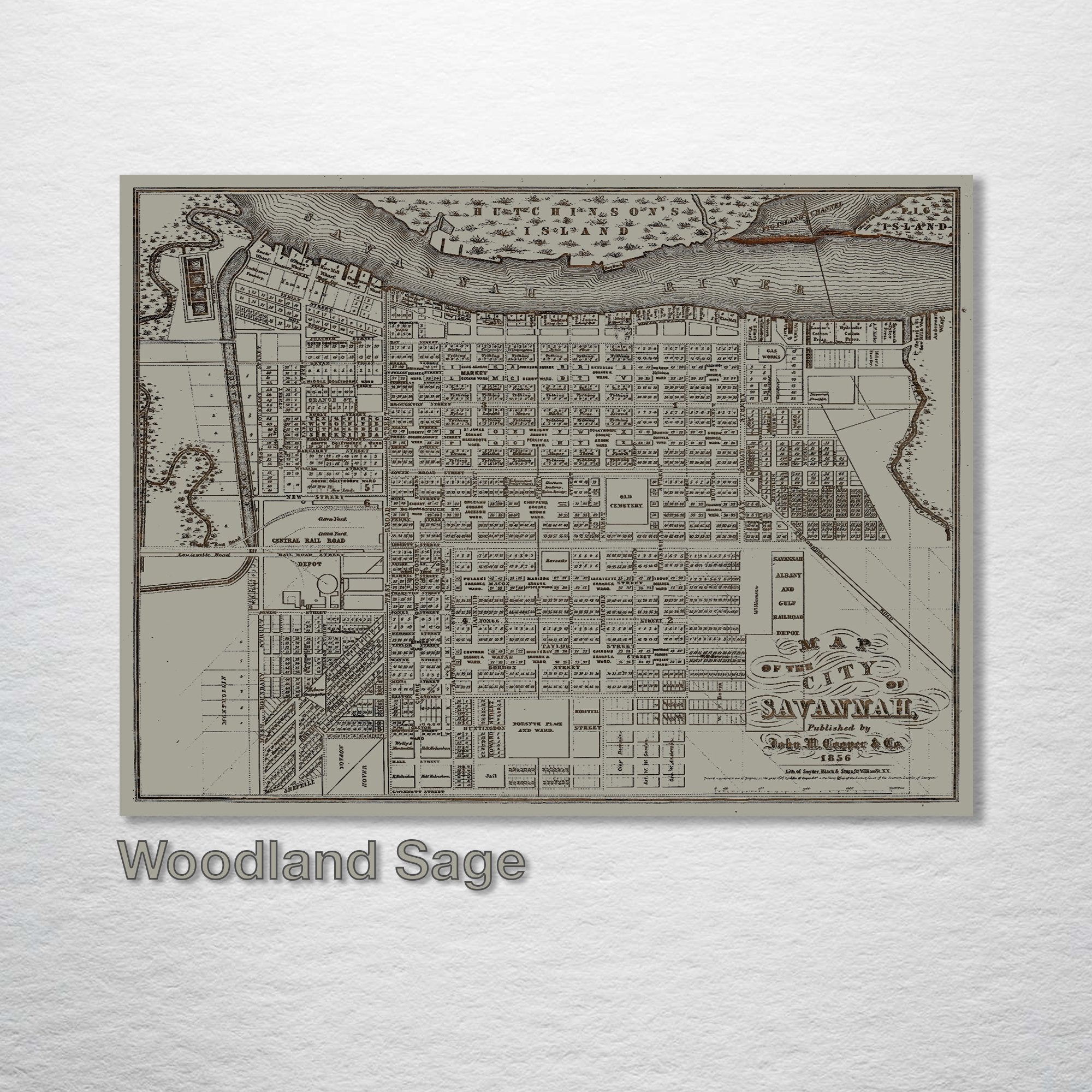 Savannah, GA - Historic Map on Wood 1856