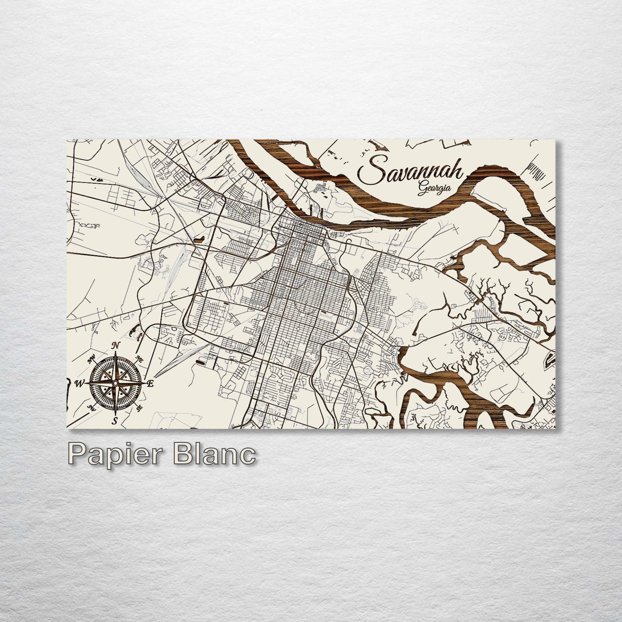 Savannah, GA - Street Map on Wood