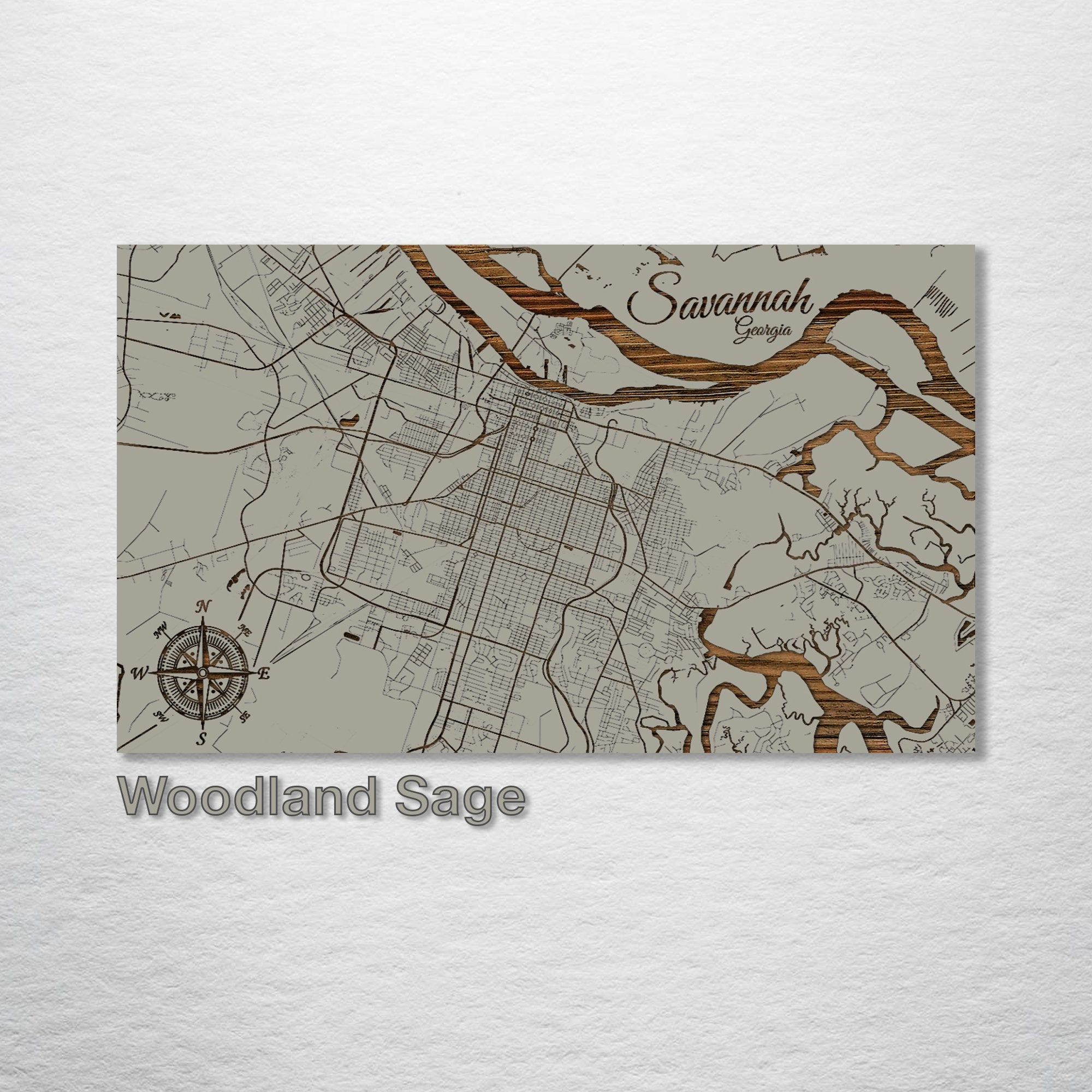 Savannah, GA - Street Map on Wood