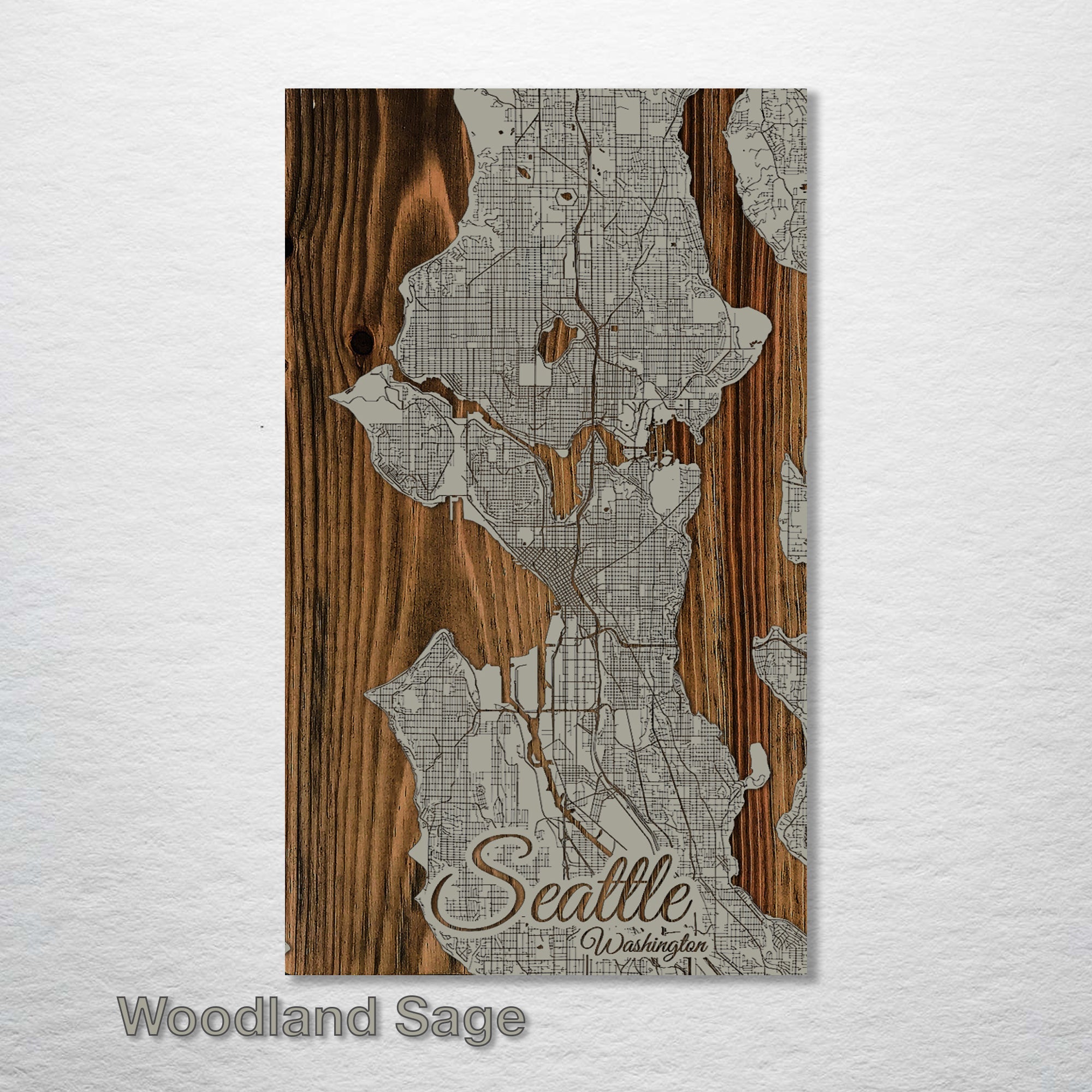Seattle, WA - Street Map on Wood