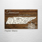 Tennessee Lakes & Rivers - Street Map on Wood